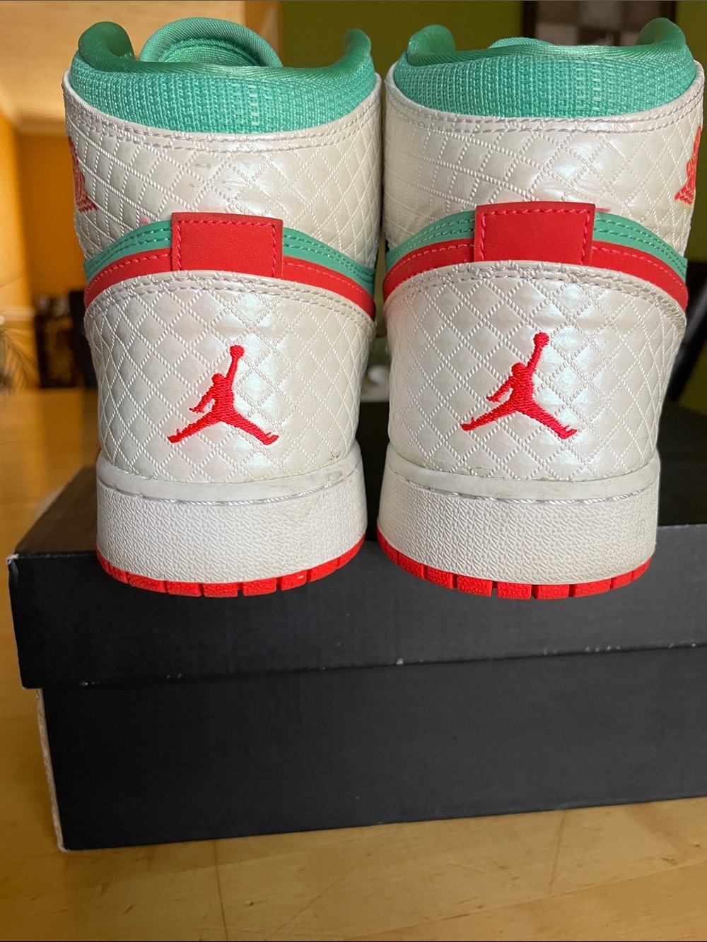 Jordan Kids High-Top Sneakers in White, Green & Red